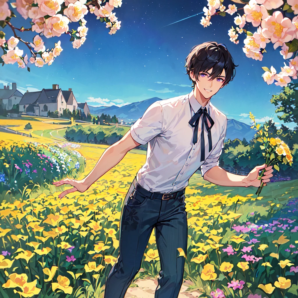 masterpiece,best quality,high quality,(1 male austere handsome solo adult age 30 years old:1.5), purple eyes, cool with suspended eyes, V-shaped eyebrows, body strong and fearless 8.5 head tall, height 185cm, (well-groomed black short hair down to neck:1.4), (bangs 7 thirds parted:1.4), slender nose, facial muscles, throat, (pants with summer flower prints summer fashion:1.3), (holding a bouquet of summer flowers), (stylish pose), (fearless smile:1.3), (background summer flower field:1.3), (Night Sky:1.3)