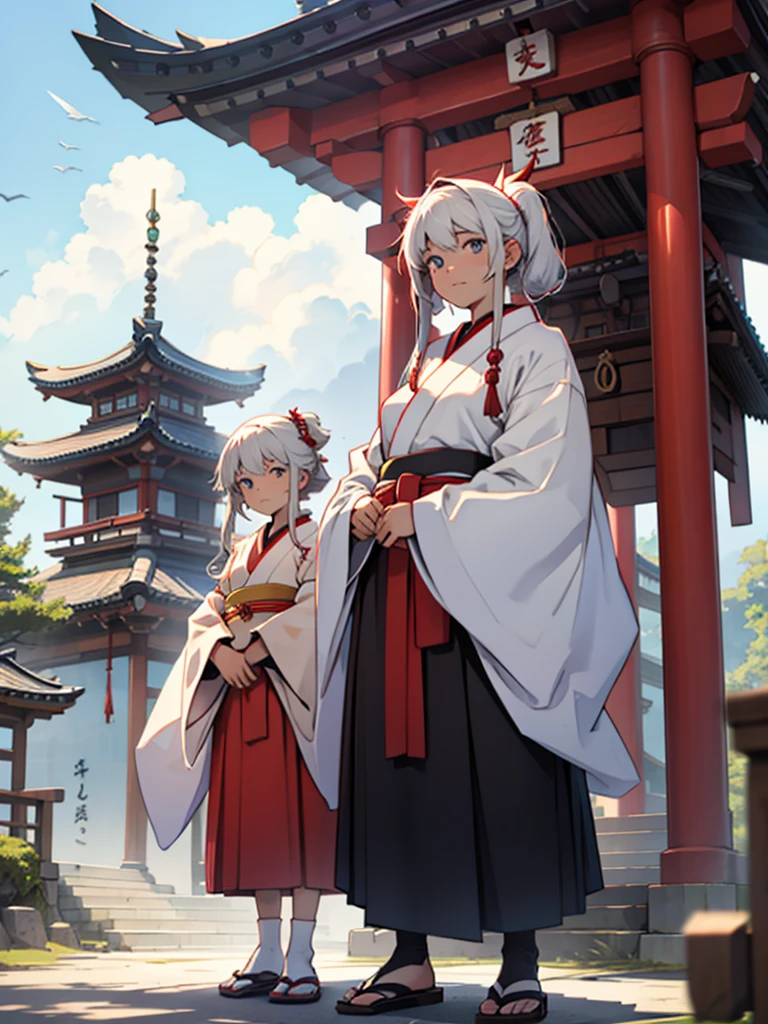 18-year-old female、Bird world、Shrine maiden's attire、null、Bird wings、Shoot a gorgeous bow、Beauty、An innocent smile