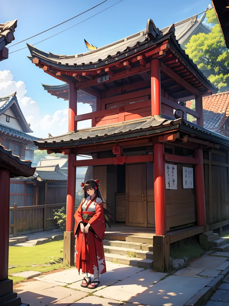 18-year-old female、Bird world、Shrine maiden's attire、null、Bird wings、Shoot a gorgeous bow、Beauty、An innocent smile