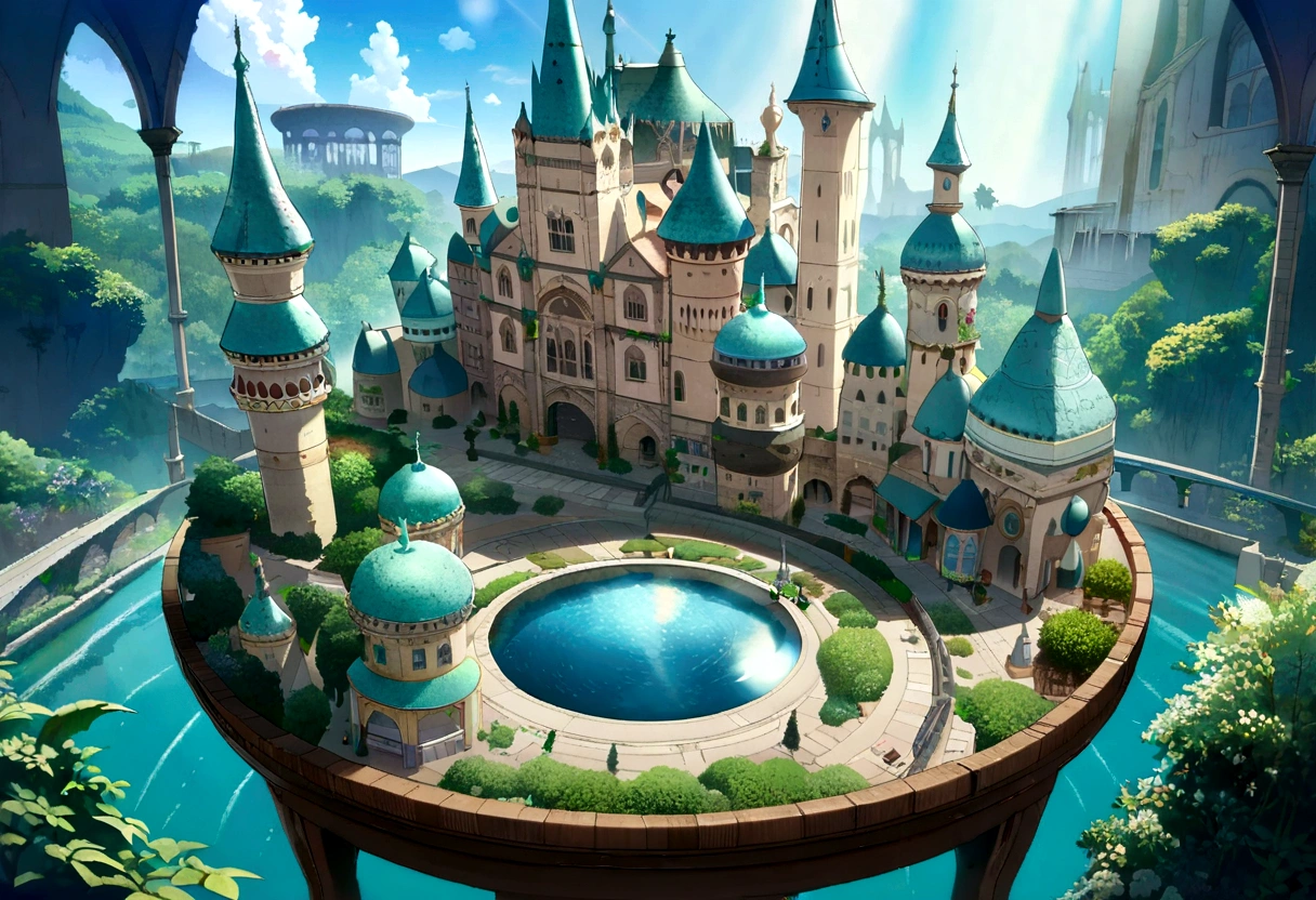 Highly detailed anime-style still images, Ghibli Studio Style, masterpiece, Official Art, Professional, ((Super detailed)), 8K, ((Don&#39;t show it to anyone)),

A fantastical city trapped inside a glass bottle. The city should have complex buildings with spires and towers., Surrounded by lush greenery and small bridges. Glass bottle on a wooden table, With sunlight streaming in through a nearby window, Casts magical reflections and highlights on the bottle and the city inside