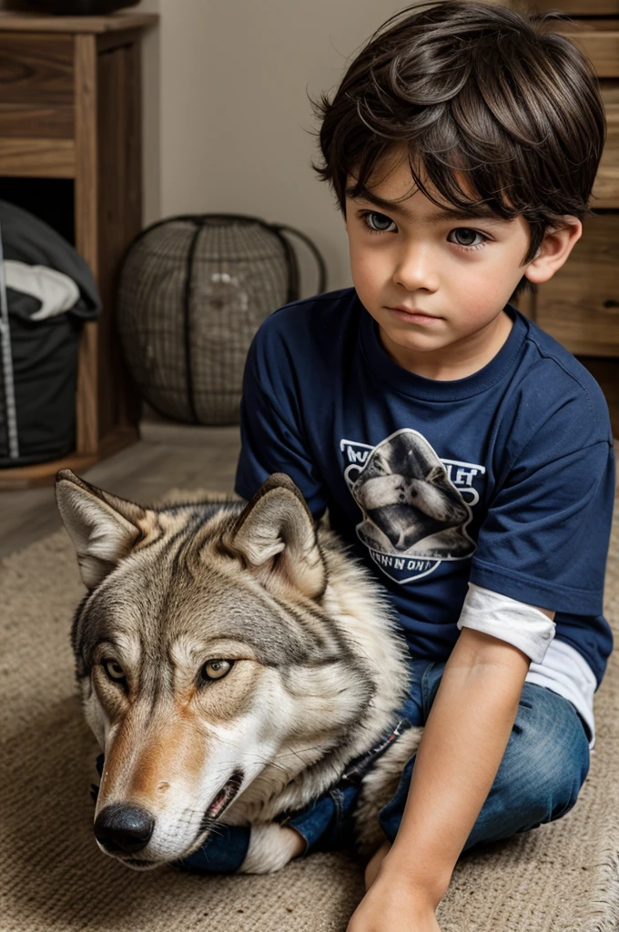 A angry boy sitting on real wolf as a pet with him