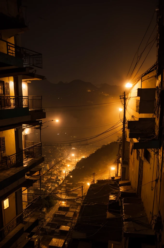 A photo in the favela with smoke at night 