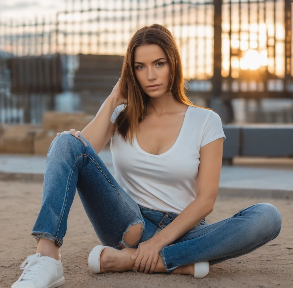 beautiful woman wearing jeans and a ((t-shirt)), sitting on the ground feet apart   hi detail, sharp focus, perfect lighting, awesome, dslr, 4k high quality. extra detail, extra sharp, magical, perfect moment, natural skin, pores