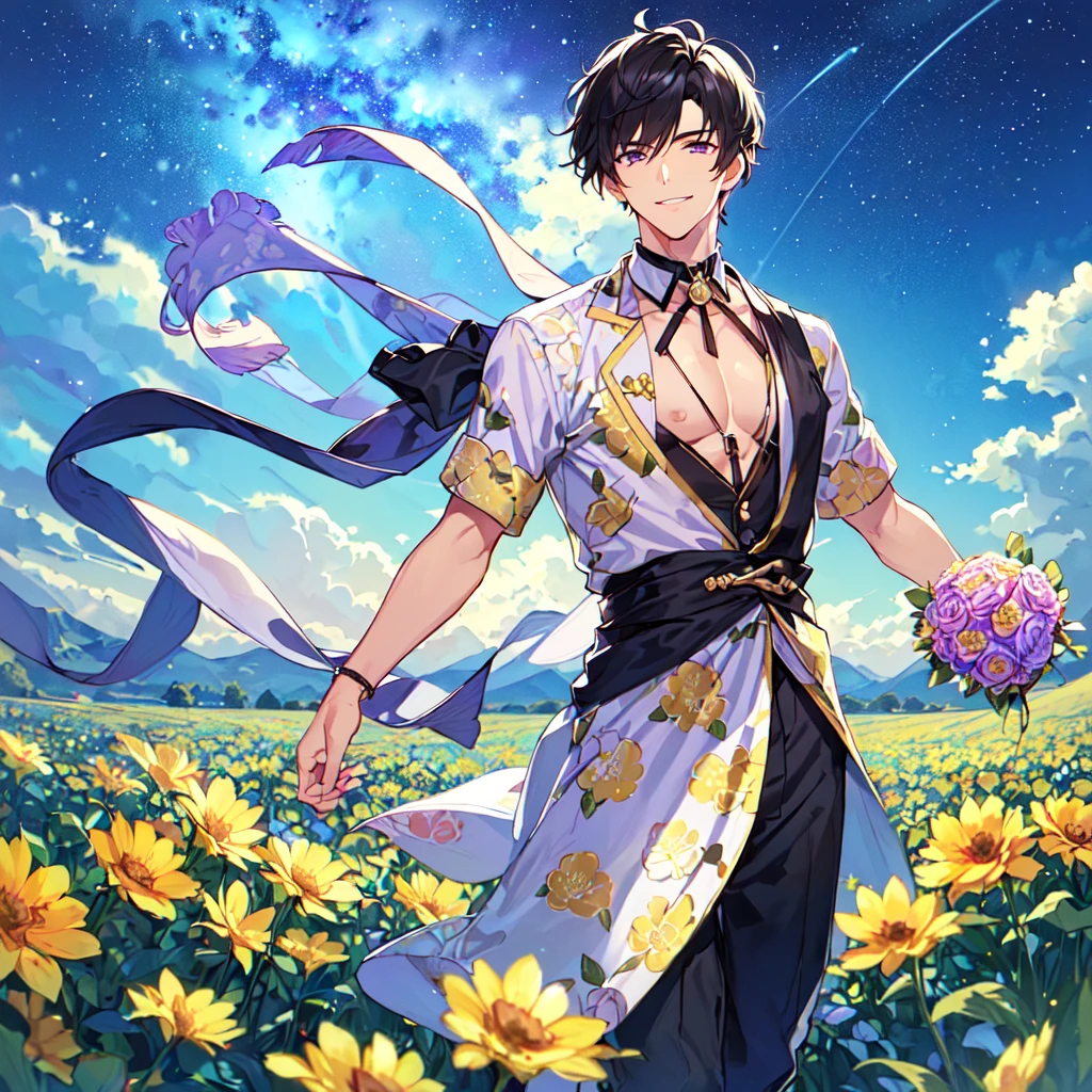 masterpiece,best quality,high quality,(1 male austere handsome solo adult age 30 years old:1.5), purple eyes, cool with suspended eyes, V-shaped eyebrows, body strong and fearless 8.5 head tall, height 185cm, (well-groomed black short hair down to neck:1.4), (bangs 7 thirds parted:1.4), slender nose, facial muscles, throat, (pants with summer flower prints summer fashion:1.3), (holding a bouquet of summer flowers), (stylish pose), (fearless smile:1.3), (background summer flower field:1.3), (Night Sky:1.3)