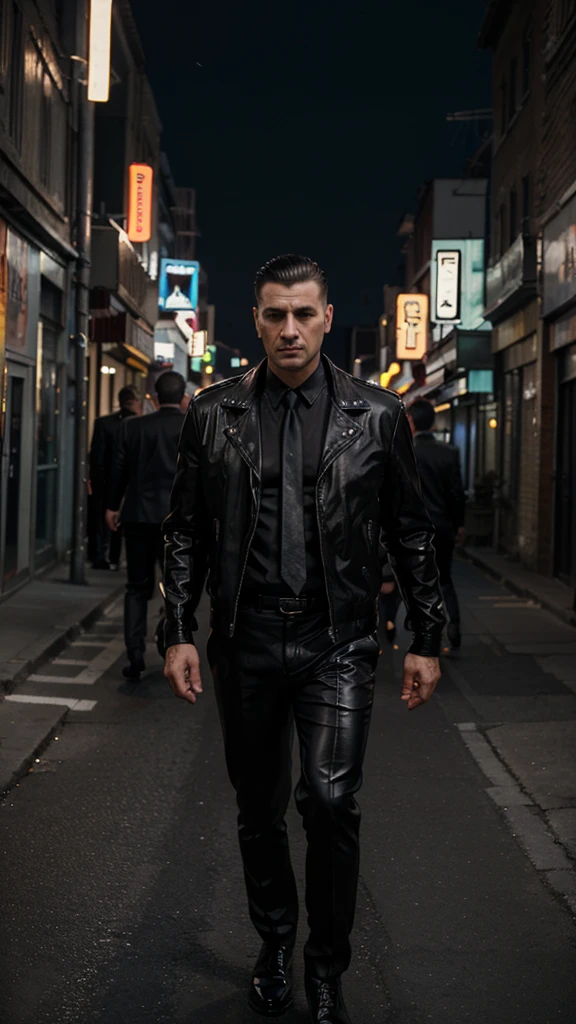 A handsome mafia boss, is walking coolly with a bunch of mafia, wearing a shiny black leather jacket, Undercut hair is combed neatly, night road background, real photo, professional photo, clear photo, realistic photo, full HD, 4k 