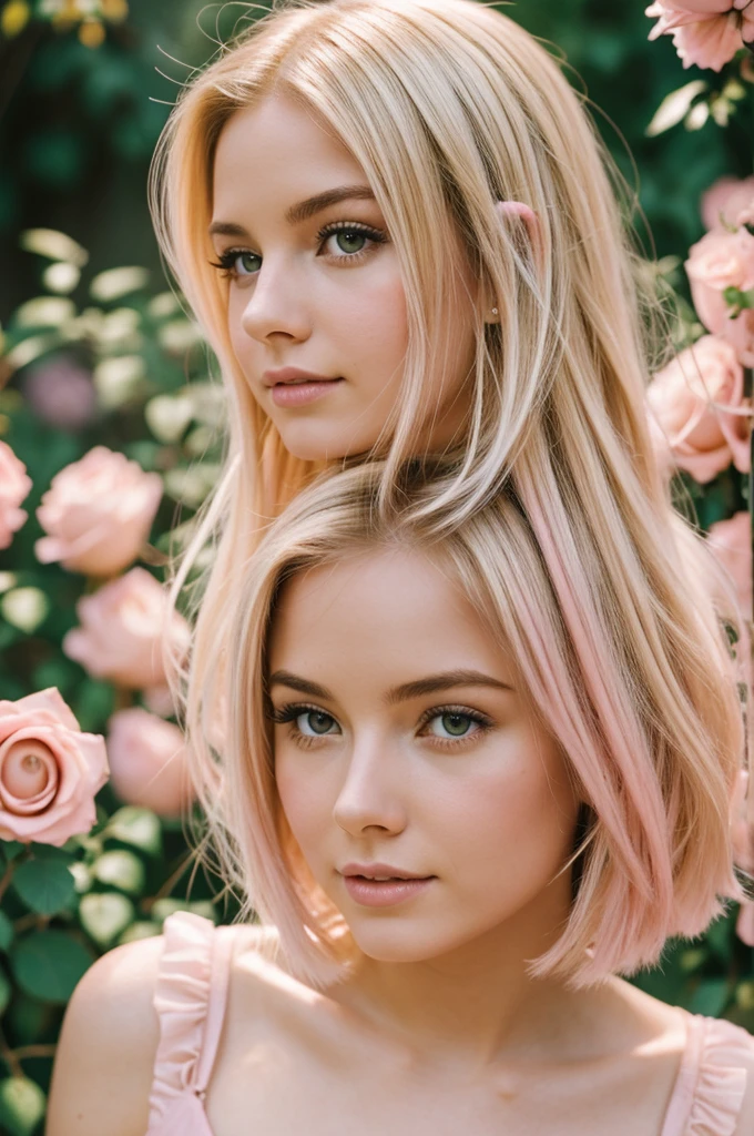 8k, RAW photo, Fujifilm, style photo of a beautiful young woman as avril in a garden of light pink roses (highly detailed skin: 1.2) Style-Petal BREAK short hair, blonde hair with colored locks, wearing a dress, film granulation, 35mm, cute style