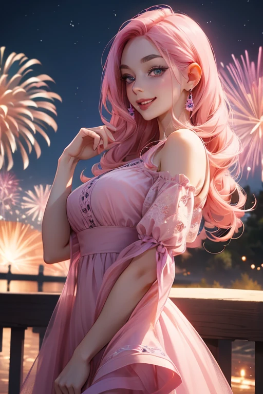 perfect face, perfect hands. A pink haired woman with violet eyes and an hourglass figure in a summer dress is watching the fireworks at night in the park with a big smile