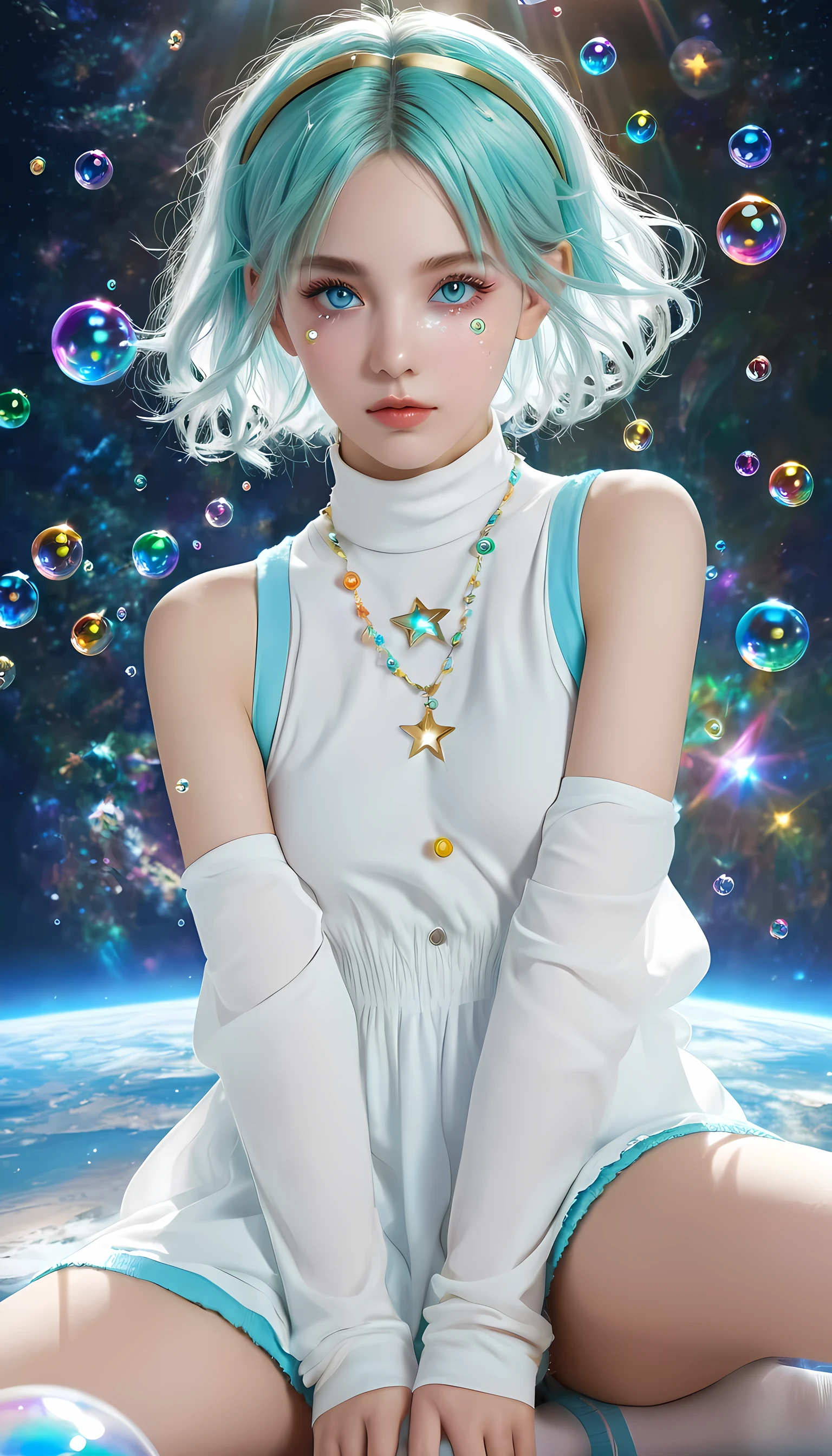 (masterpiece), (best quality), (Official Art, Extremely detailed CG unity 8k wallpaper), (Very detailed), ((absurd)), 1 Girl, Medium shot, (Exquisite facial features),(Seraph:1.3) ((SFW)),((Clear Hands)), ((White knee-high socks(No shoes))),Aqua eyes, Colored contact lenses, star in eye, (((Colored bubbles))), Multicolored Glass, (The album cover)