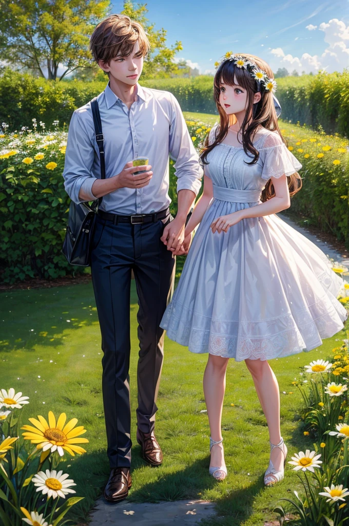 ((best quality)), ((masterpiece)), (detailed), perfect face of boy and girl starring each other in the middle of the daisy garden.