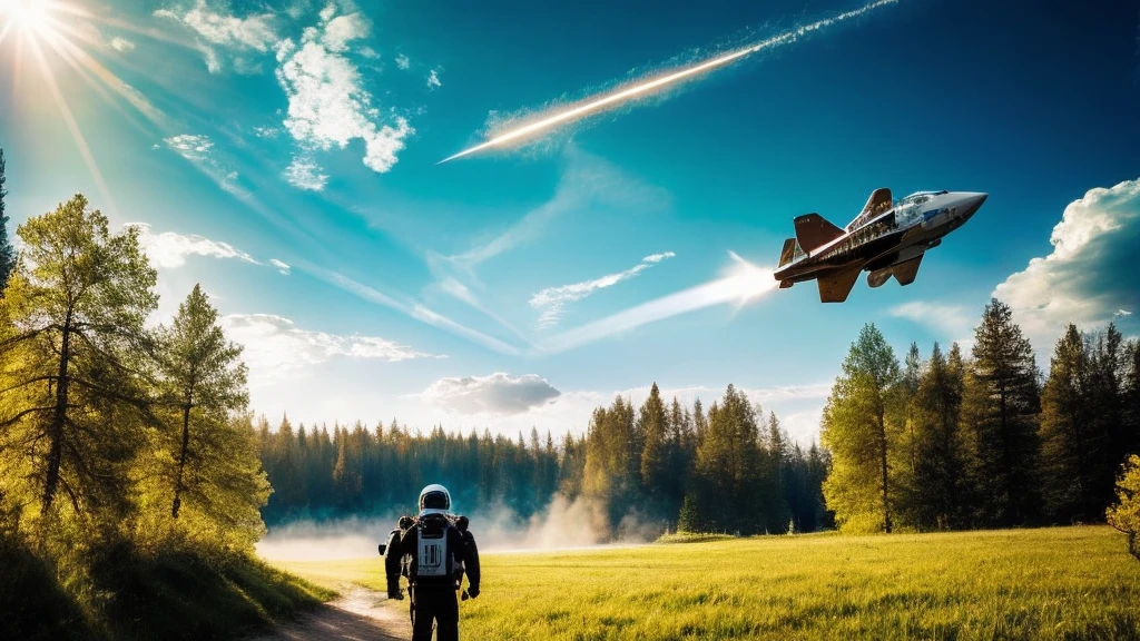 (absurdres, highres, ultra detailed), masterpiece, logo bye-bye, sky, astronaut, meteor, high speed, forest, meadow, cloud