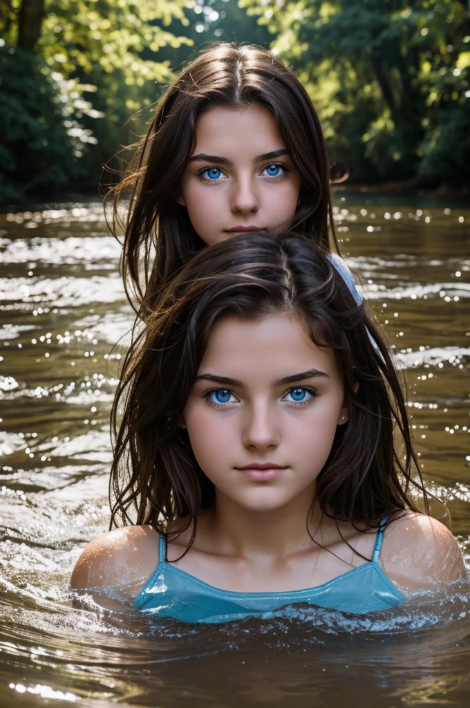 18 year old girl with dark brown hair and light blue eyes bathing in a river