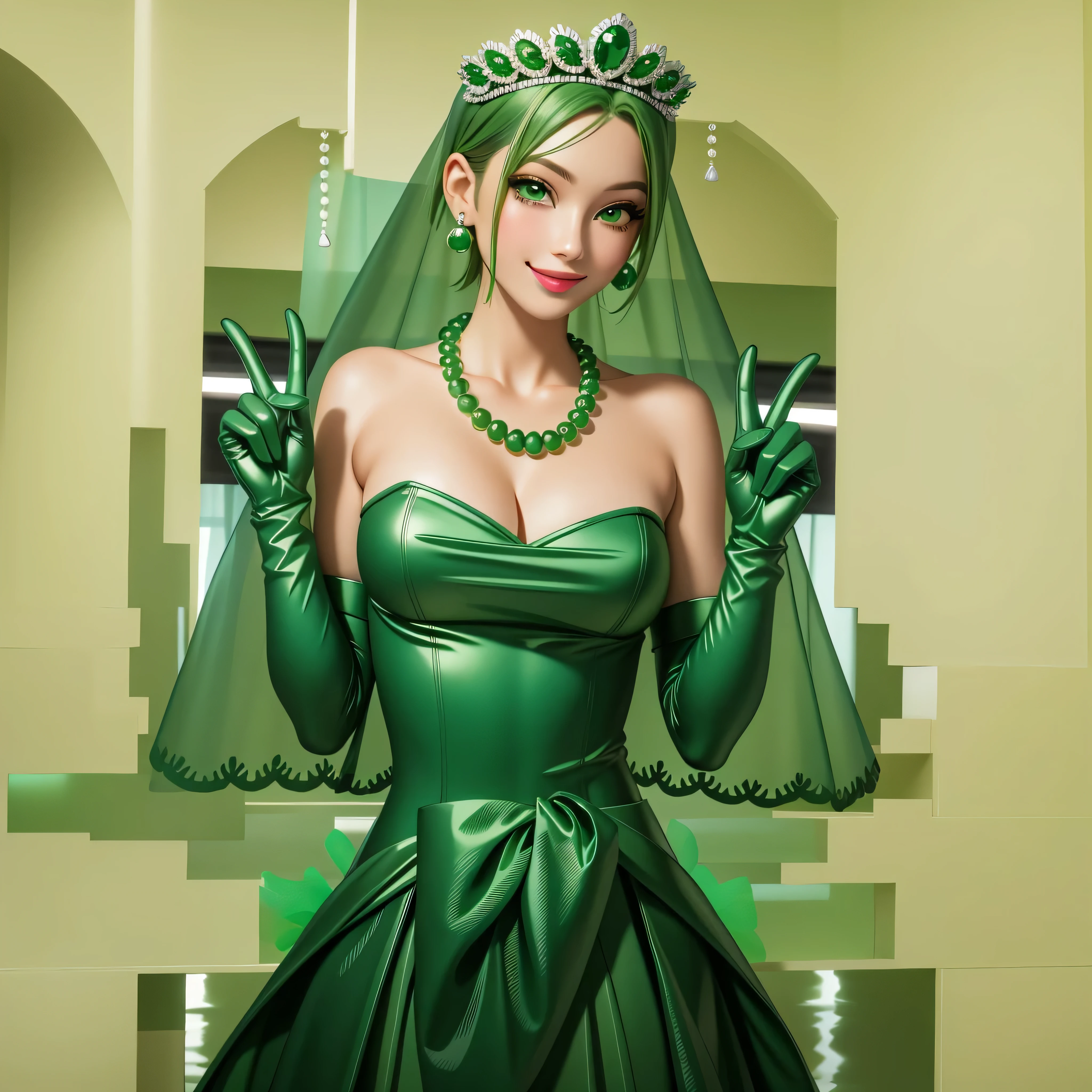 emerald tiara, Green Pearl Necklace, Boyish very short green hair, Green Lips, Smiling Japanese woman, Very short hair, Busty beautiful lady, Green Eyes, Green satin long gloves, Green Eyes, Emerald Earrings, Green veil, Vsain, Green Hair, Beautiful Japanese Women, green lip gloss