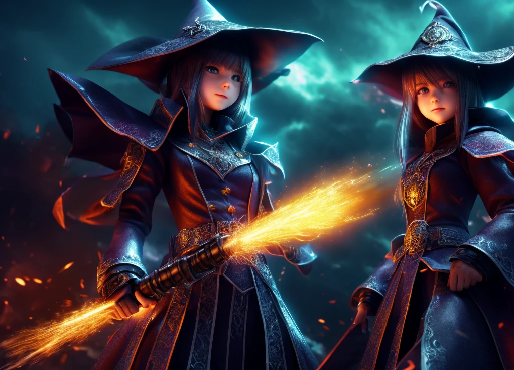 (very detailed 8k wallpaper), medium shot of a loli necromancer, particle lighting, high detail, dramatic, gatling gun in hand, clean background, with wizard hat on, background top weapon removed