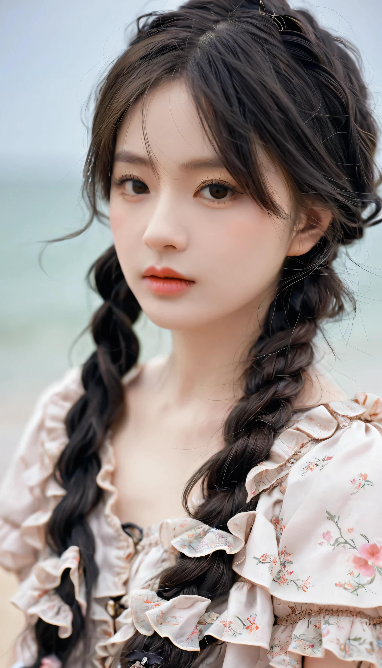 best quality, Super No, Reality, Photography of a beautiful woman, 30 years old teenage years, Delicate face, Black messy fishtail braid, (Delicate porcelain doll,Elaborate clothing with lots of ruffles and ribbons), beach, (Close-up of face), Attractive appearance, Looking at the audience