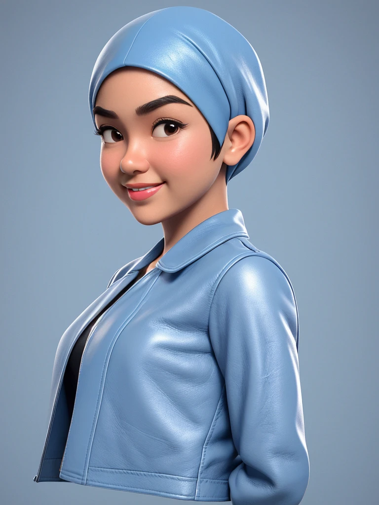 Create a 3D animation of a cartoon caricature with a big head. Full body. A 40 year old Indonesian woman. wearing hijab, pitch colour and pixie cut. Her face is oval with fine lines, thick and neat black eyebrows, small narrow eyes, a small aquiline nose, and thin lips with a wide and friendly smile. She is wearing a light gray leather jacket over a white t-shirt. Gradient blue background with professional lighting. Masterpiece, best quality, highly detailed skin and face, very realistic, high definition, studio lighting, sharp focus, front body angle, Concept Art, 3D render. 