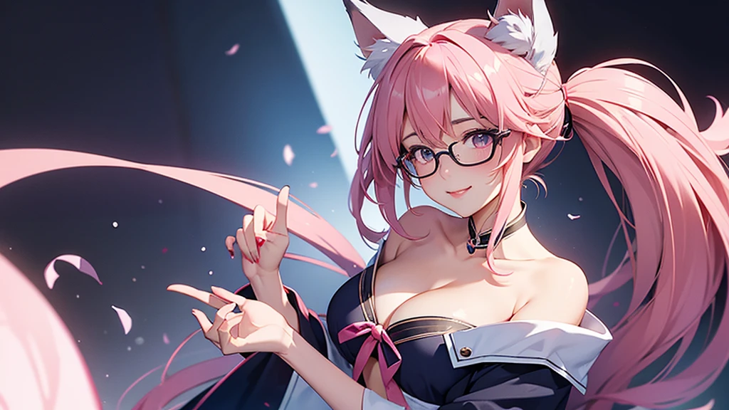 Anime illustration。Side angle cleavage close up。Wolf ears。Look Up、blush、smile、looking at the camera。Blue open-chested uniform outfit。Sexy pose。Beauty with glasses。Pink short updo。