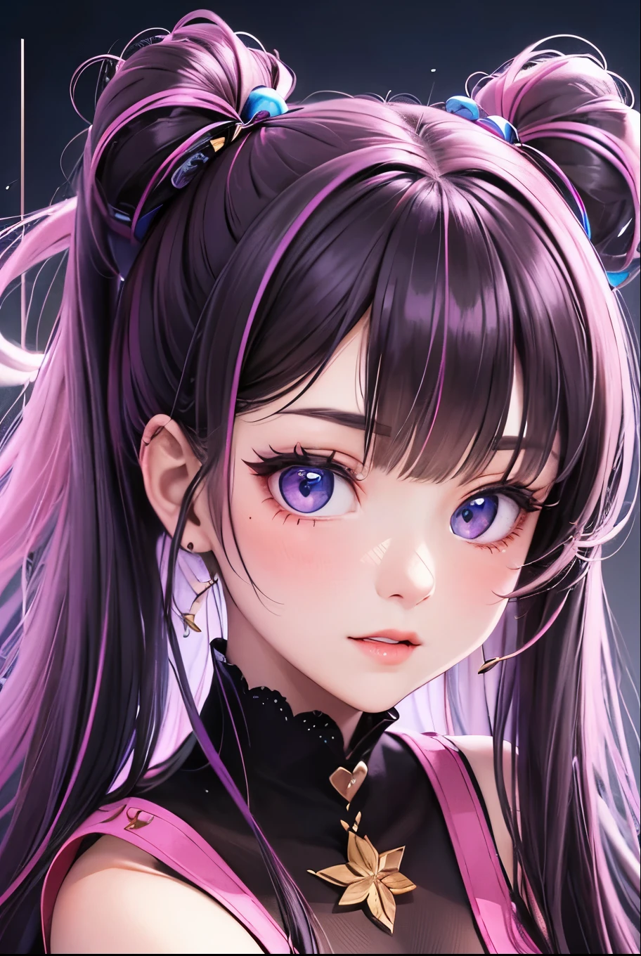 masterpiece, best quality, highly detailed, high resolution, expensive resolution, high resolution, 4k, 8k, uniform 8k wallpaper, highly detailed CG, masterpiece, 2d, 3d, beautiful details, depth, fine texture, best quality: 1.3, perfectly focused, sharp. skin, him, very cute anime girl, her name is Mei, short pigtails, idol, in the rain, expensive pink short pigtails, mole under eye, looking at the viewer, expensive, blush, mole, open lips, pink eyes, heart shaped choker, smiling face