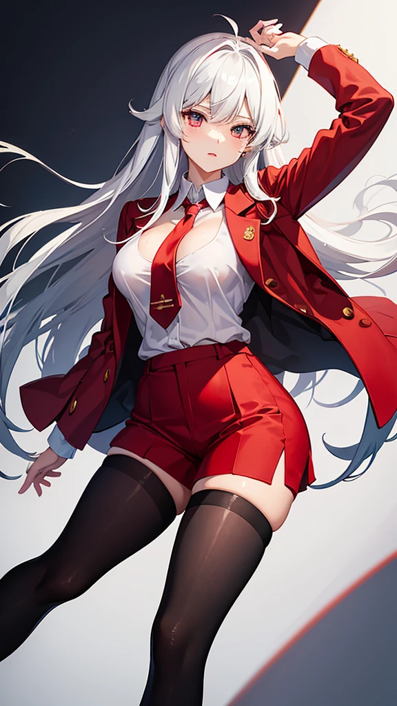 white shirt, red tie, black shorts, pantyhose, takane lui, , cleavage