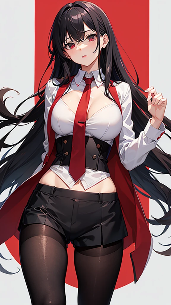 white shirt, red tie, black shorts, pantyhose, takane lui, , cleavage