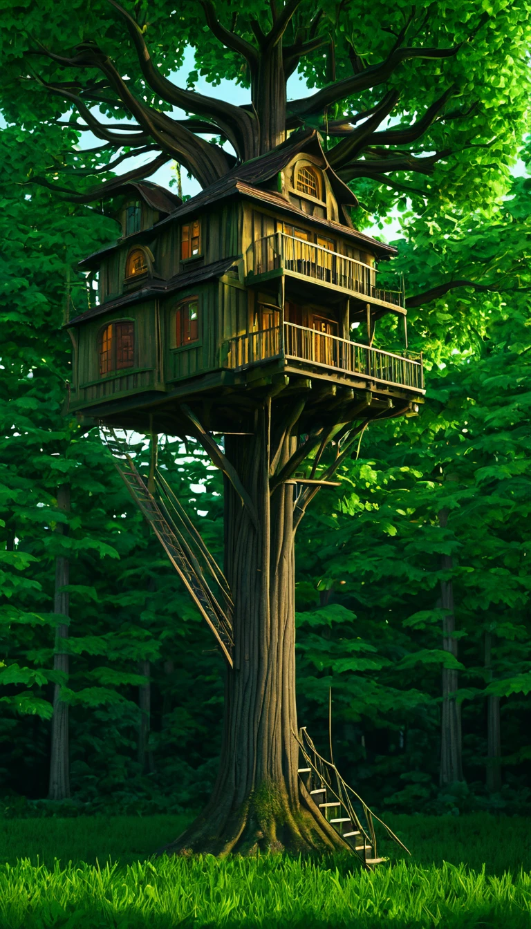(Pyroxium distribution pattern:0.5), Tree house in the beautiful forest,cinema, (Masterpiece),Lively