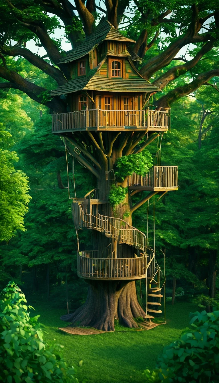 (Pyroxium distribution pattern:0.5), Tree house in the beautiful forest,cinema, (Masterpiece),Lively