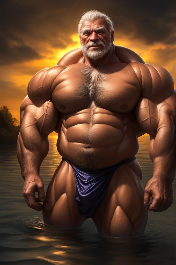 (best quality,4k,8k,highres,masterpiece:1.2),ultra-detailed,(realistic,photorealistic,photo-realistic:1.37),dramatic lighting,chiaroscuro,atmospheric,moody,cinematic. huge muscular old man in beach, white and short hair, white beard, old, old man, (chest hair, pubic hair,) grandpa, half submerged, huge scar on chest:1.2, (huge muscular), detailed muscles, 8k, masterpiece:1.2, hyper realistic, white fundoshi:1.2, highly detailed full body, ((really big muscle, massive muscular, sixpack, thick arms, wide pectoral, super huge muscle, hyper muscular, submerged, over sized muscle, huge arms, big arms, huge pectoral)), landscape, soft ambient lighting, wrinkled skin, happy expression, reflective water, peaceful relaxation