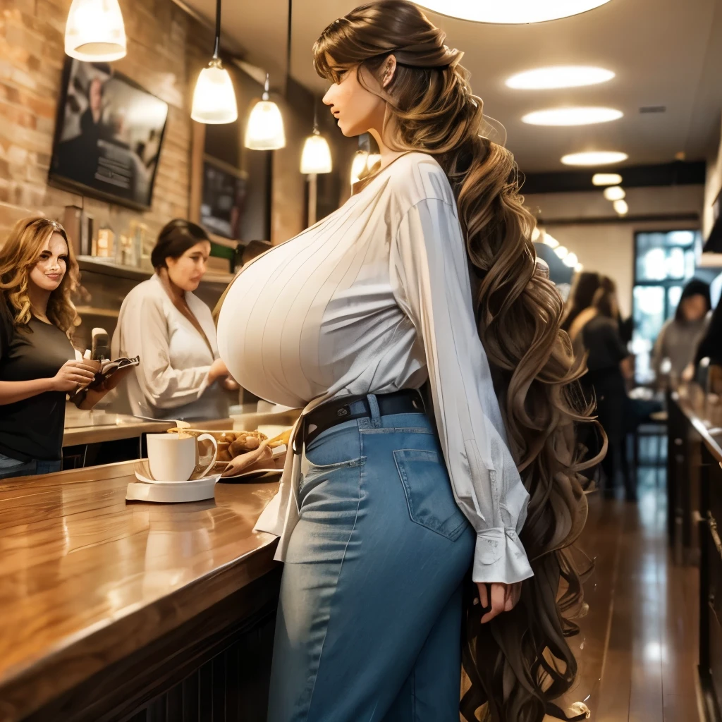 (24mm wide angle lens:1.5), (medium cowboy shot), side view. (candid), (casual), fun, soft lighting, backlit, younger, extremely tall age (Natalie Portman:Sandra Bullock:0.9), standing behind bar, aged 18, cute, joy, (looking away), sfw, (very extremely tall teen:1.5), (taller than other people:1.5), (6foot7 tall:1.5), (very extremely long torso:1.5), (very extremely long neck:1.5), (skinny), (arafed), (slim), coffee shop, trendy, latte, many customers, busy, barista, crowd of diverse people, many different people, hidden symmetric breasts, (tucked-in very long plain loose flowing light-colored long-sleeve button-down shirt), (plain loose denim pants), belt, detailed beautiful bright symmetric eyes, auburn hair, (big huge enormous massive colossal gigantic sagging breasts:1.45), (topheavy:1.45), (big flowing extremely long wavy hair:1.4), bangs, (cleavage:0.75)