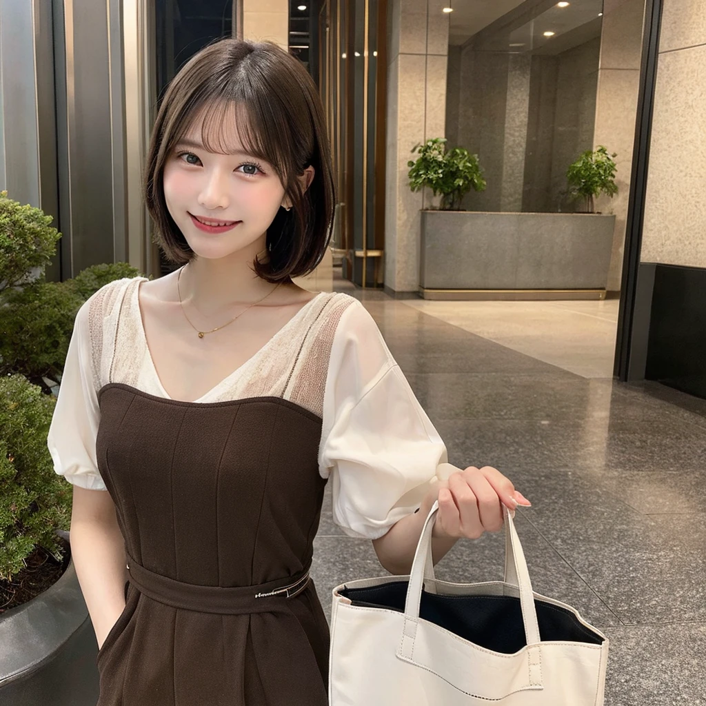 ((8K:1.27)、Highest quality、masterpiece、Ultra-high resolution:1.2)Photo Beautiful Japan woman (Comfortable:1.1) (Brown clothes:1.21) Designed by Greg Rutkowski and Alphonse Mucha Exquisite Elegance、Fantasy、detailed、geometry、Gradient lighting、One Girl、Delicate skin、Looking at the audience、Brown eyes、(Flaxen short hair:1.2)、(Medium Chest:1.0)、(middle breast wheel:0.8)、(Photorealistic:1.4)、(Highest quality:1.0)、(Ultra-high resolution:1.0)、(Without the use of hands:1.0)、8K、Raw photo、 (Representative Song: 0.2), (Purelos Face_v1:0.5)、necklace、tote bag、Office Building Lobby、smile、See through、Cute Smile、With collar、Thin fabric、