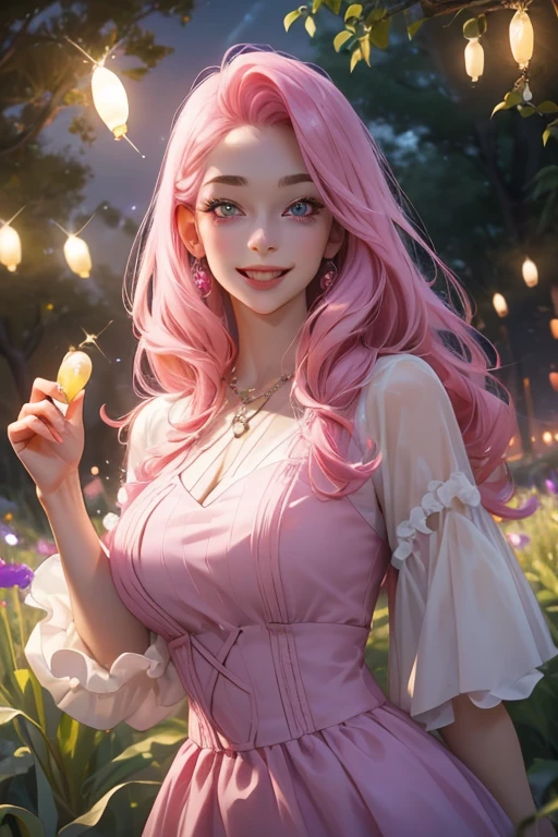 perfect face, perfect hands. A pink haired woman with violet eyes and an hourglass figure in a summer dress is catching fireflies at night in the park with a big smile