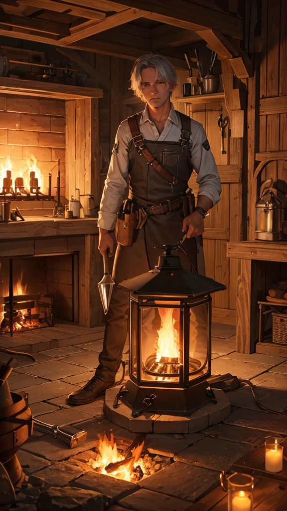 The light from the forge fire should highlight the details of the tools and the glowing iron.