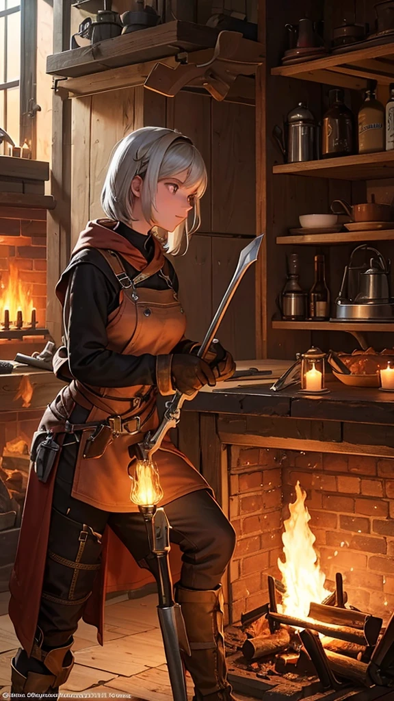 The light from the forge fire should highlight the details of the tools and the glowing iron.