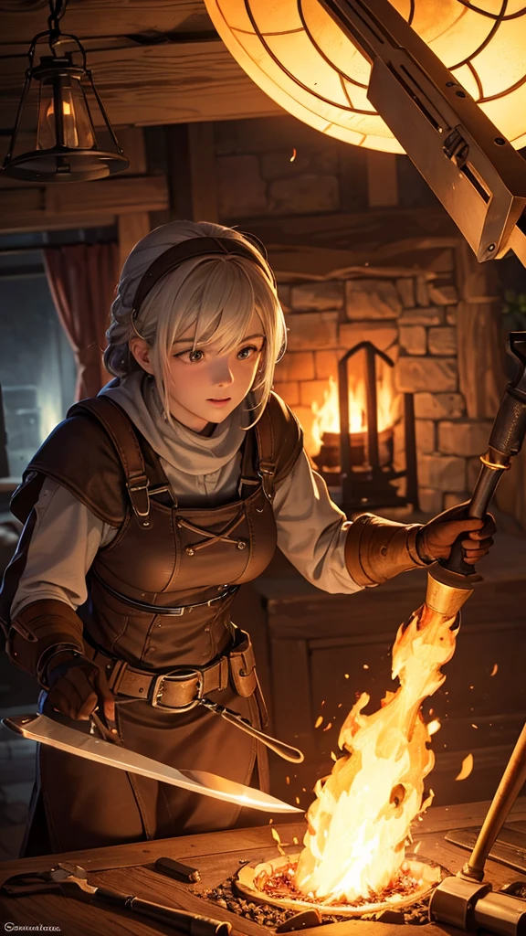 The light from the forge fire should highlight the details of the tools and the glowing iron.