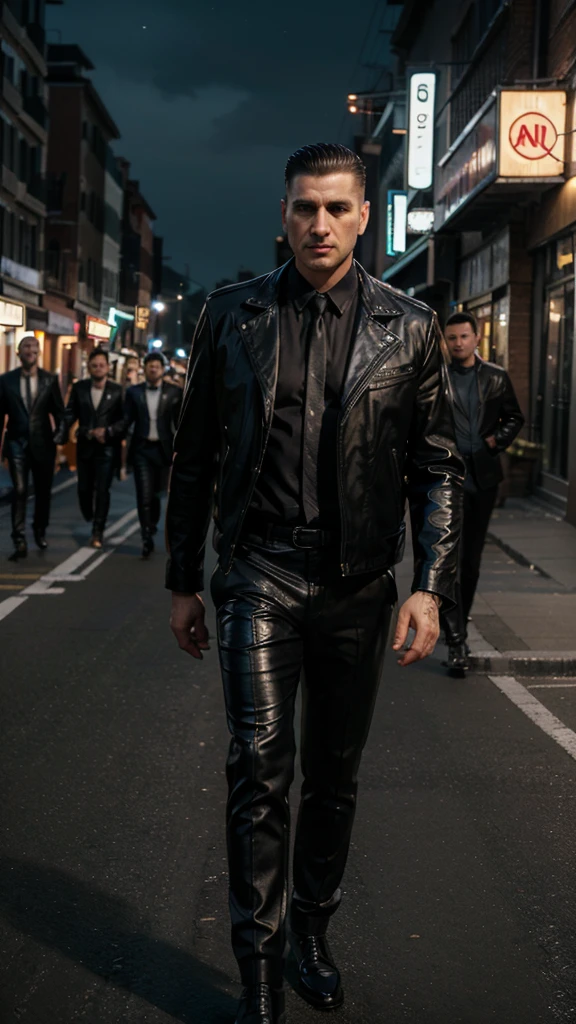 A handsome mafia boss, is walking coolly with a bunch of mafia, wearing a shiny black leather jacket, Undercut hair is combed neatly, night road background, real photo, professional photo, clear photo, realistic photo, full HD, 4k