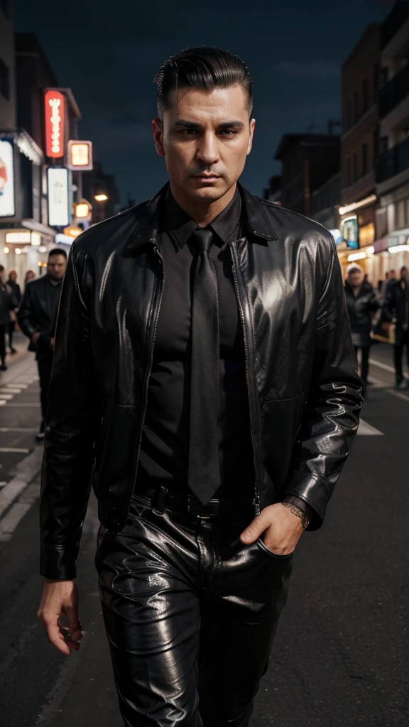 A handsome mafia boss, is walking coolly with a bunch of mafia, wearing a shiny black leather jacket, Undercut hair is combed neatly, night road background, real photo, professional photo, clear photo, realistic photo, full HD, 4k 