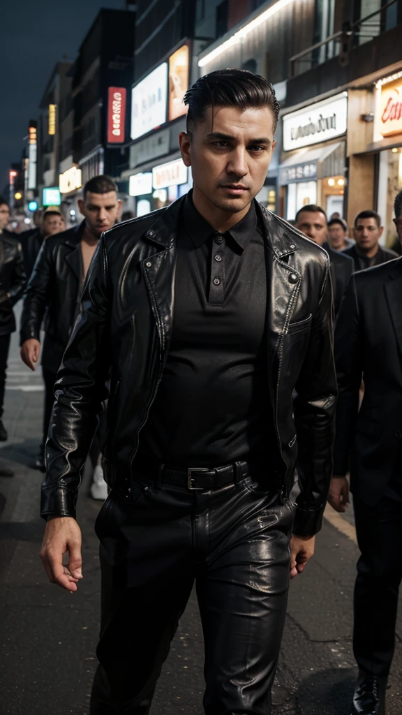 A handsome mafia boss, is walking coolly with a bunch of mafia, wearing a shiny black leather jacket, Undercut hair is combed neatly, night road background, real photo, professional photo, clear photo, realistic photo, full HD, 4k 