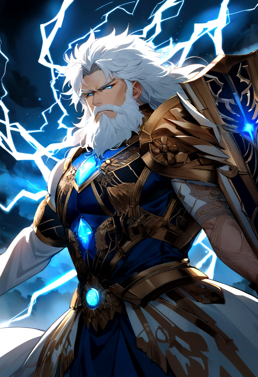 Zeus, the Thunder Sovereign, wears a majestic, ancient Greek-inspired armor made of celestial bronze adorned with intricate lightning motifs that glow faintly with his divine energy, complemented by a flowing royal blue cape. His massive, double-ended lightning spear, "Astrapios," crackles with electricity, and his shield, "Aegis," features a roaring lion's head emitting powerful shockwaves. His stormy silver and white hair and beard, alive with static electricity, frame his intense, electric blue eyes that arc with lightning when angered. A tattoo of an eagle on his left arm pulses with light, symbolizing his connection to the skies and his sovereignty.