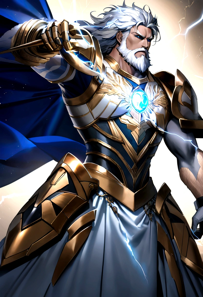 Zeus, the Thunder Sovereign, wears a majestic, ancient Greek-inspired armor made of celestial bronze adorned with intricate lightning motifs that glow faintly with his divine energy, complemented by a flowing royal blue cape. His massive, double-ended lightning spear, "Astrapios," crackles with electricity, and his shield, "Aegis," features a roaring lion's head emitting powerful shockwaves. His stormy silver and white hair and beard, alive with static electricity, frame his intense, electric blue eyes that arc with lightning when angered. A tattoo of an eagle on his left arm pulses with light, symbolizing his connection to the skies and his sovereignty.