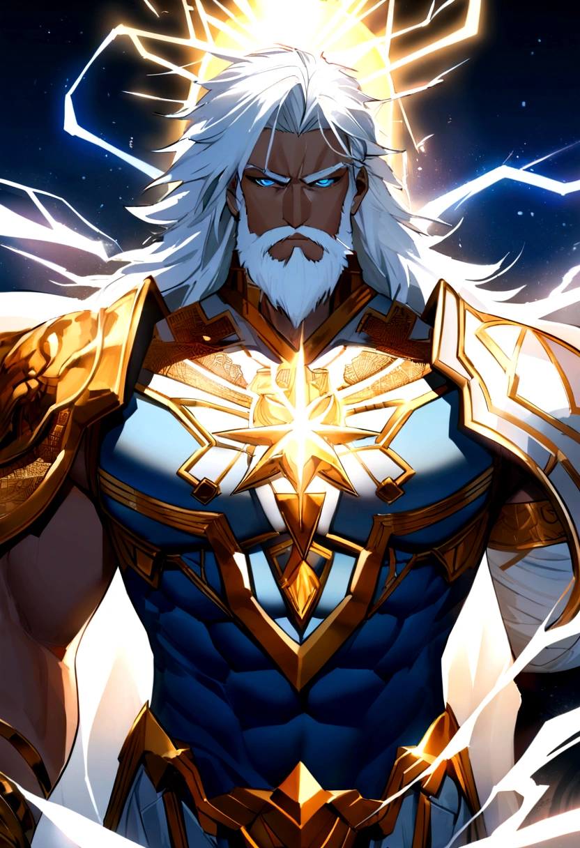 Zeus, the Thunder Sovereign, wears a majestic, ancient Greek-inspired armor made of celestial bronze adorned with intricate lightning motifs that glow faintly with his divine energy, complemented by a flowing royal blue cape. His massive, double-ended lightning spear, "Astrapios," crackles with electricity, and his shield, "Aegis," features a roaring lion's head emitting powerful shockwaves. His stormy silver and white hair and beard, alive with static electricity, frame his intense, electric blue eyes that arc with lightning when angered. A tattoo of an eagle on his left arm pulses with light, symbolizing his connection to the skies and his sovereignty.