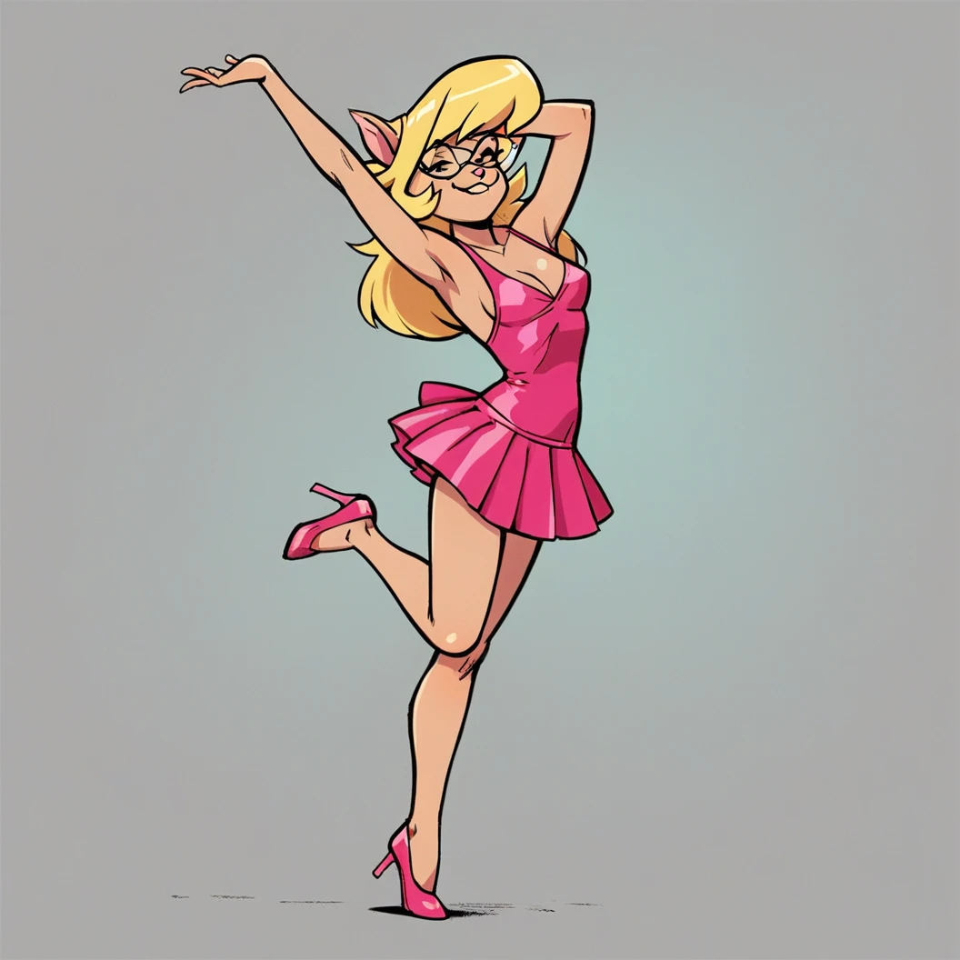 score_9, score_8_up, score_7_up, score_6_up, score_5_up, score_4_up, (Source furry), (rating safe), dance studio, dancing, glasses, callie briggs, detailed, detailed fur, front view, ballerina, 1girl, solo, pink tutu, short dress, ballet dance, pirouette, having fun, bare legs, long legs