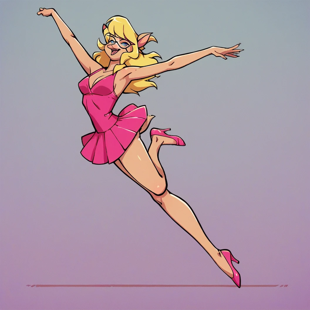 score_9, score_8_up, score_7_up, score_6_up, score_5_up, score_4_up, (Source furry), (rating safe), dance studio, dancing, glasses, callie briggs, detailed, detailed fur, front view, ballerina, 1girl, solo, pink tutu, short dress, ballet dance, pirouette, having fun, bare legs, long legs