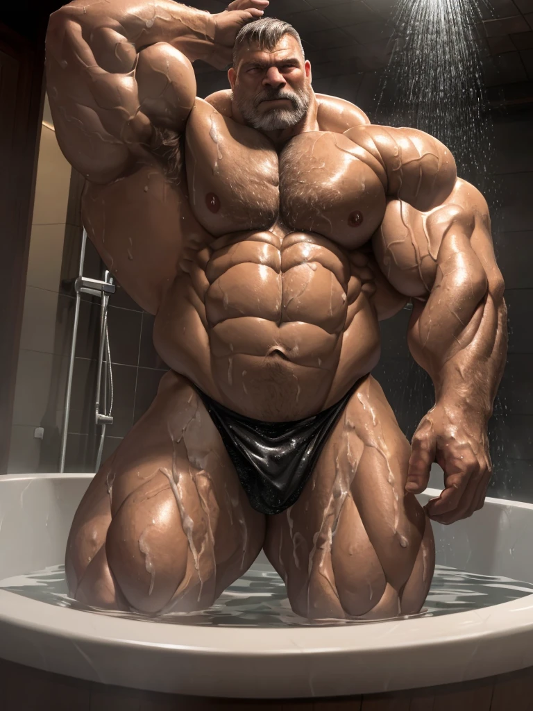 A huge muscular old man, detailed wrinkles, detailed veins, detailed muscles, soap bubbles, bath, shower, lots of bubbles, mist, (best quality,4k,8k,highres,masterpiece:1.2),ultra-detailed,(realistic,photorealistic,photo-realistic:1.37),dramatic lighting,chiaroscuro,atmospheric,moody,cinematic. ((really big muscle, massive muscular, sixpack, thick arms, wide pectoral, super huge muscle, hyper muscular, submerged, over sized muscle, huge arms, big arms, huge pectoral))