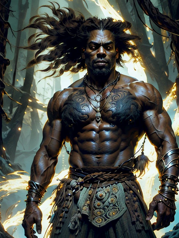 epic fantasy art, super fine illustration, High resolution, Super detailed, masterpiece, 1 male, Neanderthal, barbarian, alone, adult, mature, tall and muscular man, broad shoulders, (((good looking:1.5))), long messy hair, black hair, ((beautiful detailed brown eyes:1.5)), square jaw, thick neck, thick eyebrows, the night view of dark forest background, loincloth, animal fang necklace, 