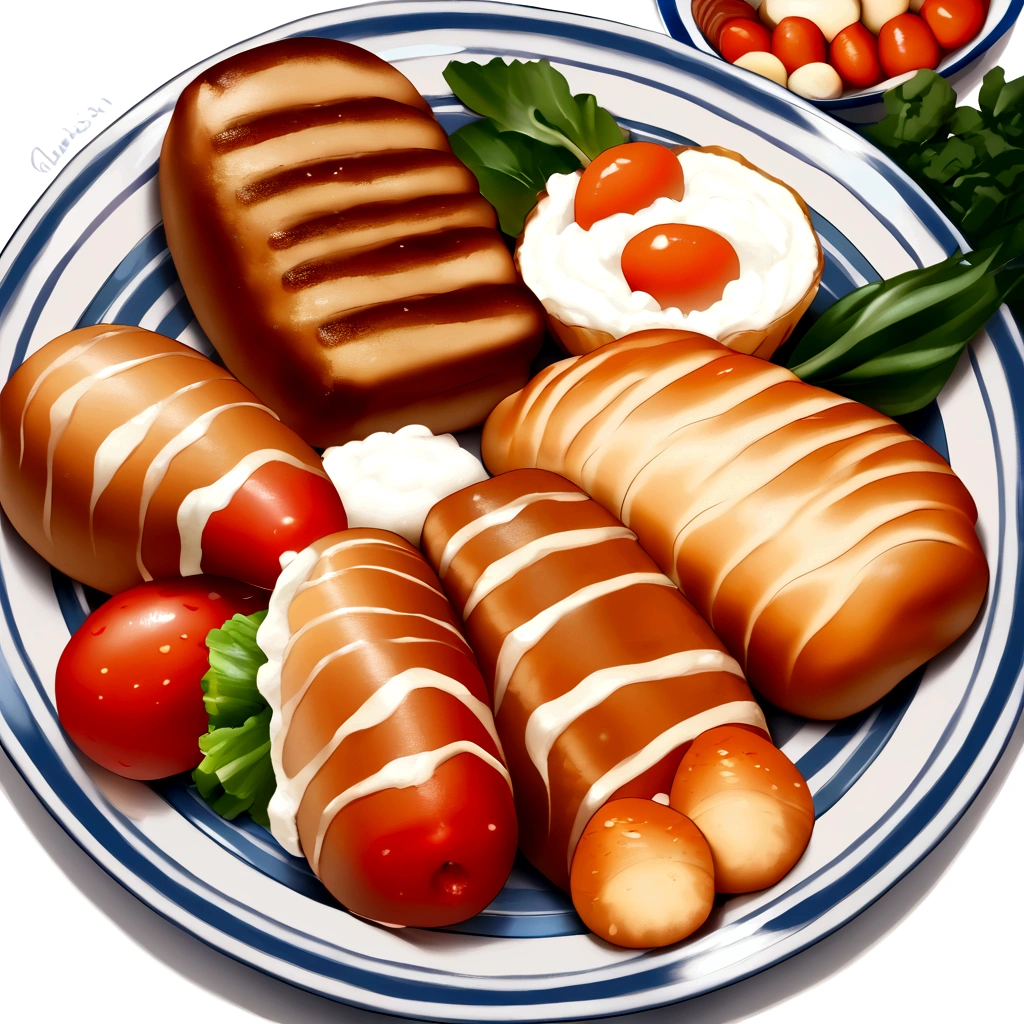 ((best quality)), ((masterpiece)), (detailed), water color style, create a picture of healthy food on a plate. The food consist of, Eggs, bread, potatoes, glass of milk, meat, chicken meat, some vegetables, against brilliant white background, isolated white 8k, high resolution,