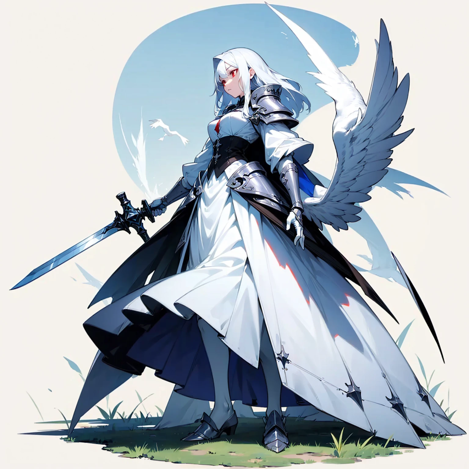 (Random Evolution, Colossal white bird mixed Vampire), silver armor body, (carrying a sword), full body version, (silver hands), full blue colour skins, (red eyes), (Grassroots), no background