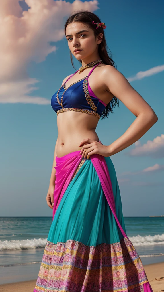 Arya Stark (highly detailed face), eyes symmetry, face symmetry, in the beach, smirking, playful teasing sassy poses for adults only magazine, (wearing vibrant color trendy designer choli long skirt), round deep navel, evening sky, wave tides, HDR, hyper realistic, curvy body