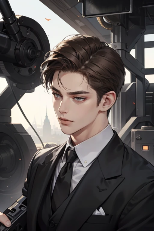 masterpiece, best quality, realistic, 1man,  male, quiet and charming young man, 25 years old, close his eyes, serious, closed mouth, extremely detailed face, cold, ((dark grey eyes)), ((short-right-swept dark brown hair)), [thick eyebrows], mafia, ((black suit)), ((holding a machine gun)), accurate, detailed.