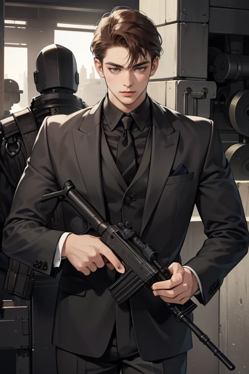 masterpiece, best quality, realistic, 1man, mature male, quiet and charming young man, 25 years old, close his eyes, serious, closed mouth, extremely detailed face, cold, ((dark grey eyes)), ((short-right-swept dark brown hair)), [thick eyebrows], mafia, ((black suit)), ((holding a machine gun)), accurate, detailed.