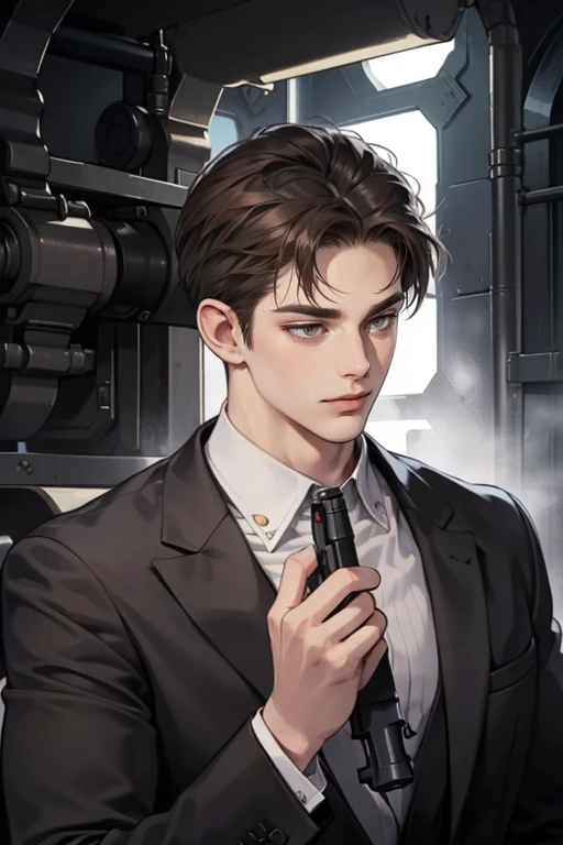 masterpiece, best quality, realistic, 1man, mature male, quiet and charming young man, 25 years old, close his eyes, serious, closed mouth, extremely detailed face, cold, ((dark grey eyes)), ((short-right-swept dark brown hair)), [thick eyebrows], mafia, ((black suit)), ((holding a machine gun)), accurate, detailed.