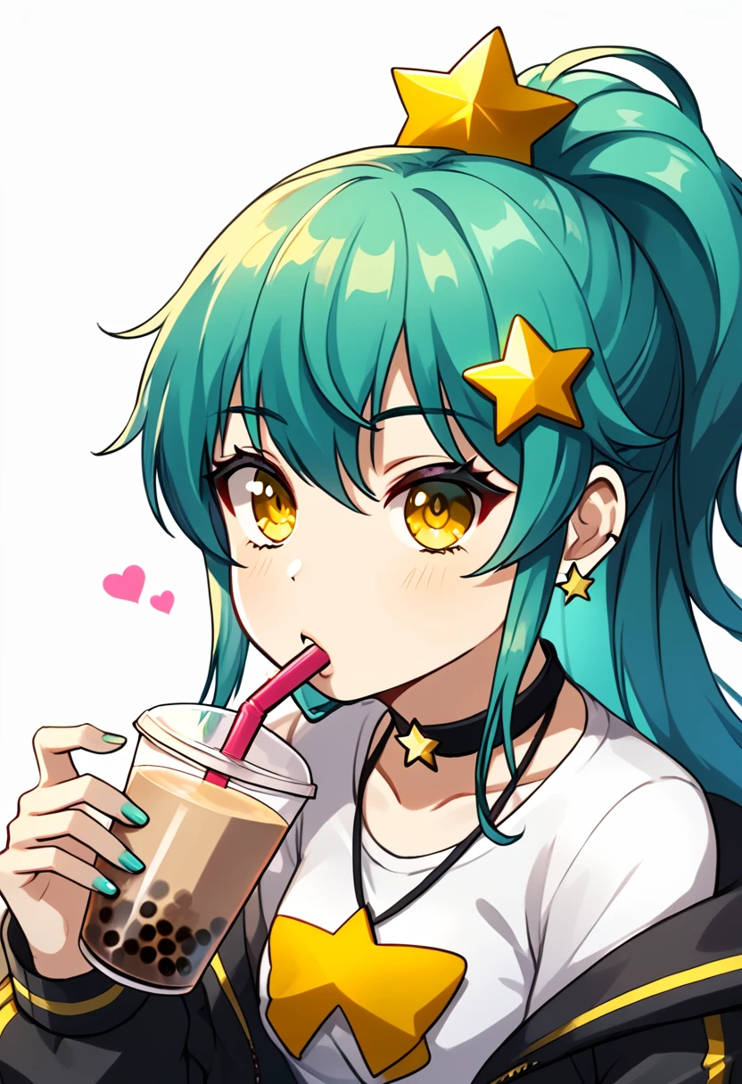 Girl with long dark turquoise hair, yellow eyes, yellow star pin in her head, drinking one bubble tea. Background: no background