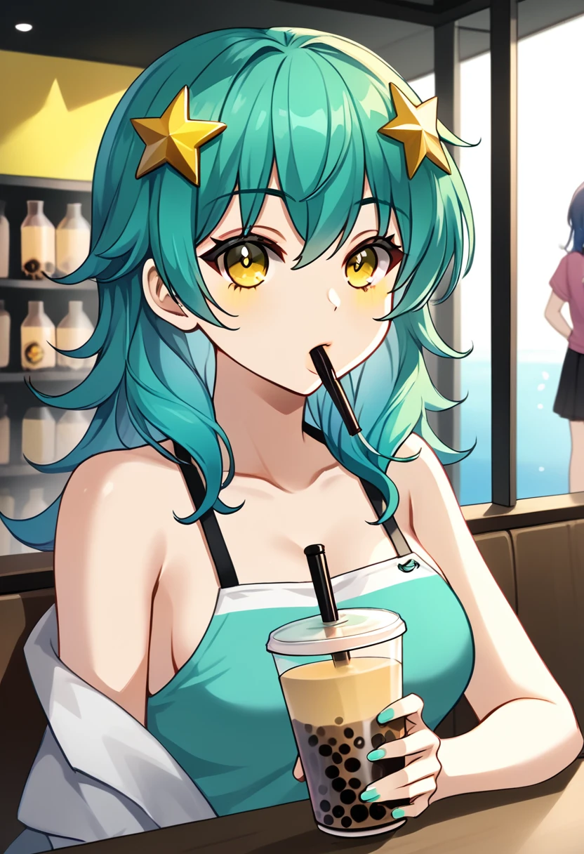 Girl with long dark turquoise hair, yellow eyes, yellow star pin in her head, drinking one bubble tea. Background: no background